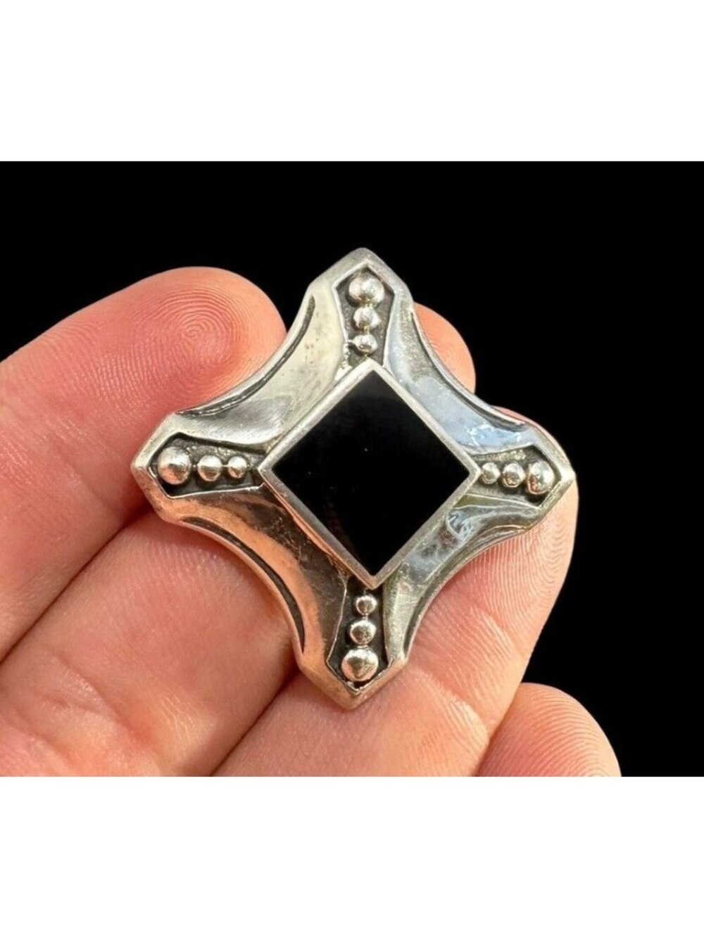 Brooch Signed 925 Boma Square Black Onyx Inlay Cross Pin Sterling Silver Pendant